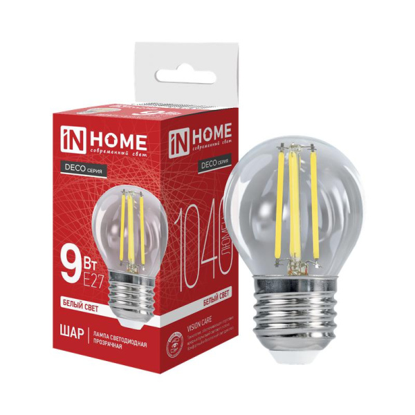 Лампа светодиодная LED-ШАР-deco 9Вт шар прозрачная 4000К нейтр. бел. E27 1040лм 230В IN HOME 4690612026282