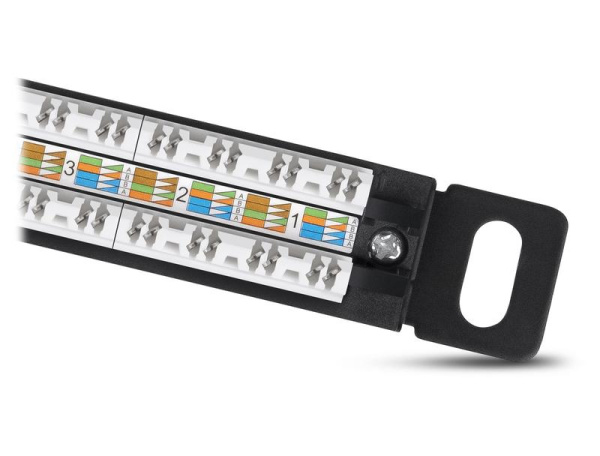 Патч-панель 19дюйм 0.5U 24 порта RJ45 кат.5E Dual IDC PLHD-24-Cat.5e-Dual-180-0.5U 180град. высокой плотн. с задн. кабельн. организатором Cabeus 9663c