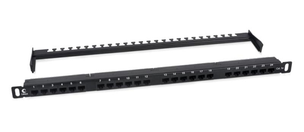 Патч-панель 19дюйм 0.5U 24 порта RJ45 кат.5E Dual IDC PLHD-24-Cat.5e-Dual-180-0.5U 180град. высокой плотн. с задн. кабельн. организатором Cabeus 9663c