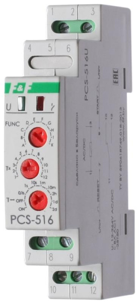 Реле времени PCS-516U 8А 12-264В AC/DC 1перекл. IP20 многофункц. вход: START/RESET монтаж на DIN-рейке F&F EA02.001.014