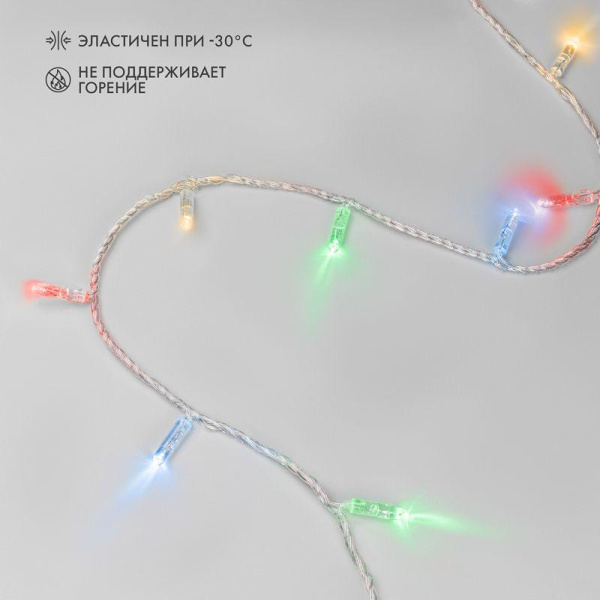 Гирлянда светодиодная "Нить" 10м 100LED мультиколор 10Вт 230В IP65 постоян. свечение провод ПВХ прозр. (нужен шнур питания 303-500-1) Neon-Night 305-189