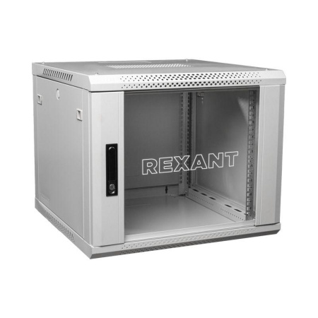 Шкаф телекоммуникационный настенный 19дюйм 12U 600х600х635 дверь стекло стенка задняя боковые съемные стенки разборный сер. RAL7035 Rexant 04-1266-111