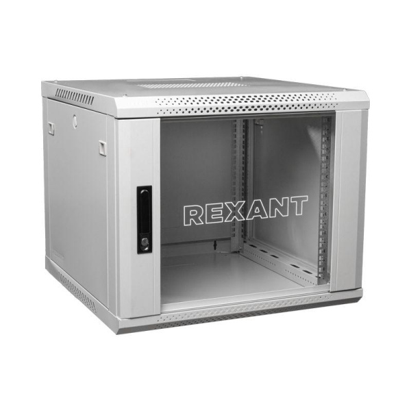 Шкаф телекоммуникационный настенный 19дюйм 9U 600х600х501 дверь стекло стенка задняя боковые съемные стенки разборный сер. RAL7035 Rexant 04-0966-111