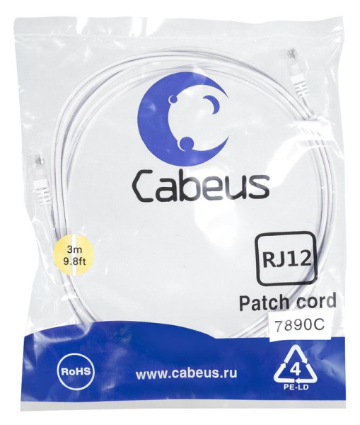 Патч-корд телефонный PC-TEL-RJ12-3m 2х6р4с PVC 3м бел. Cabeus 7890c