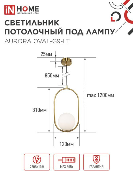 Светильник AURORA OVAL-G9-LT 1хG9 подвесной под лампу плафон матов./корпус латун. IN HOME 4690612063669