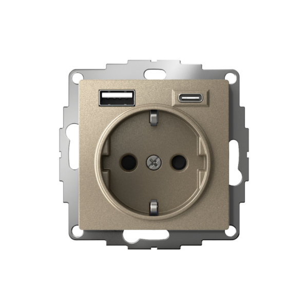 Розетка AtlasDesign 16А с 2-мя заряд. устройствами USB тип A+C 5В/2.4А/3.0А 2х5В/1.5А механизм шампань SE ATN000532