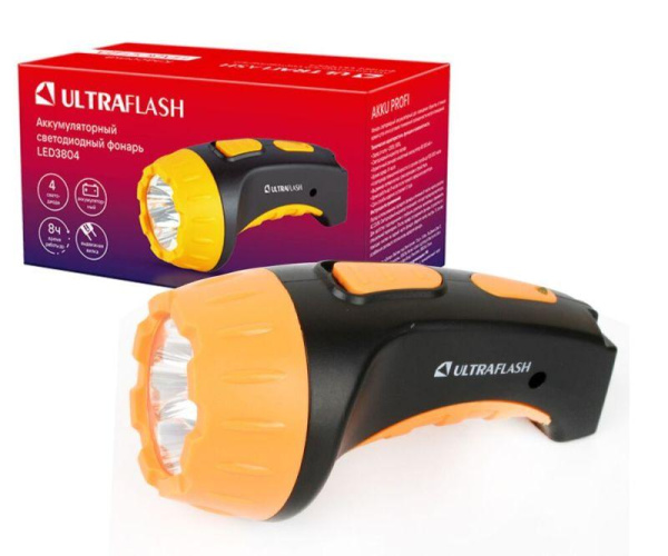 Фонарь аккумуляторный LED3804 4LED аккум. SLA 220В пластик. черн./желт. (кор.) Ultraflash 9215