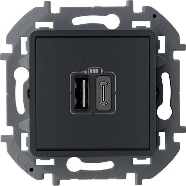 Устройство зарядное Inspiria с 2-мя USB разьемами A и C 240В/5В 3000мА антрацит IEK 673763