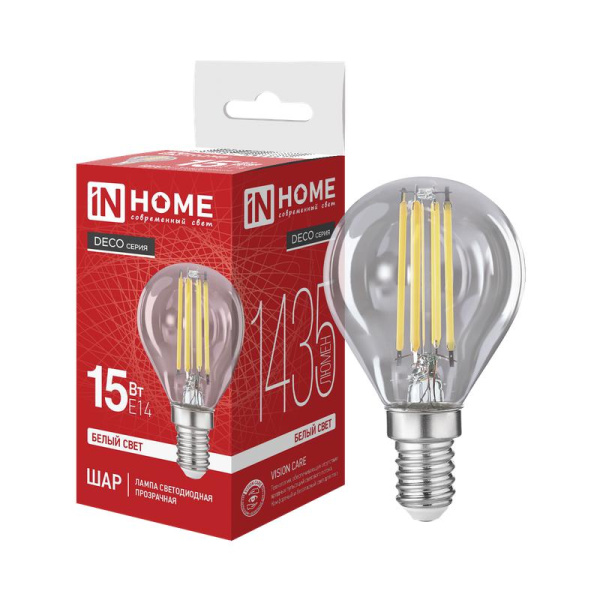 Лампа светодиодная LED-ШАР-deco 15Вт шар прозрачная 4000К E14 1435лм 230В IN HOME 4690612063362