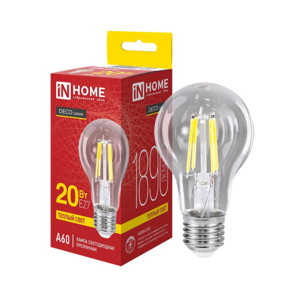 Лампа светодиодная LED-A60-deco 20Вт прозрачная 3000К E27 1890лм 230В IN HOME 4690612063171