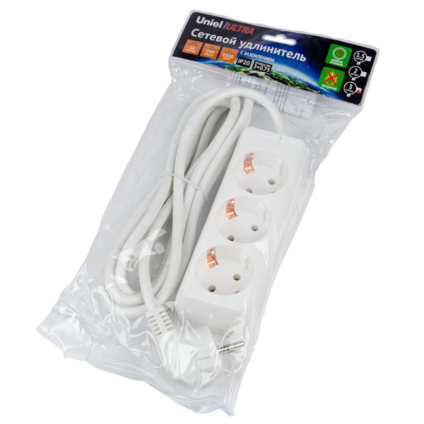 Удлинитель 3х3м с заземл. 16А Ultra S-GCU3-3 WHITE бел. Uniel UL-00010001