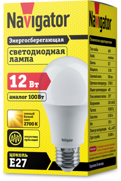 Лампа светодиодная 71 296 NLL-A60-12-230-2.7K-E27 (Standard) 12Вт грушевидная 2700К тепл. бел. E27 900лм 176-264В Navigator 71296