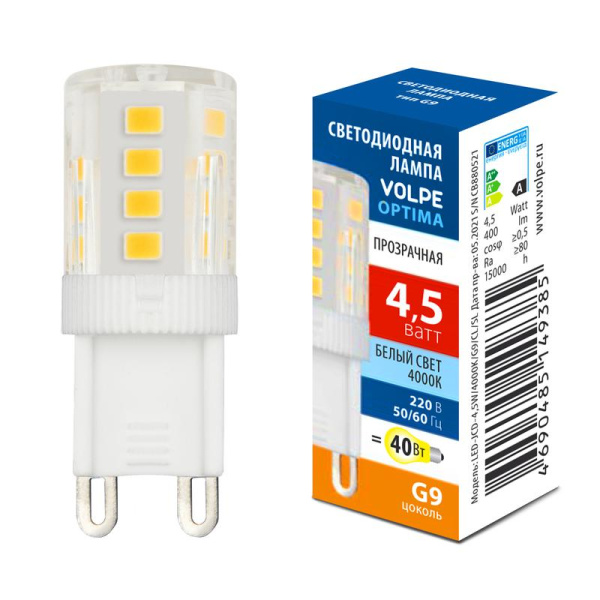 Лампа светодиодная LED-JCD-4.5W/4000K/G9/CL/SLS 4.5Вт JCD прозрачная 4000К бел. свет G9 Volpe UL-00008652