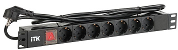 Блок розеток 7 мест PDU (немец. cтанд.) DIN49440 с LED выкл. 1U шнур 2м вилка DIN49441 профиль ПВХ черн. ITK PH12-7D1-P