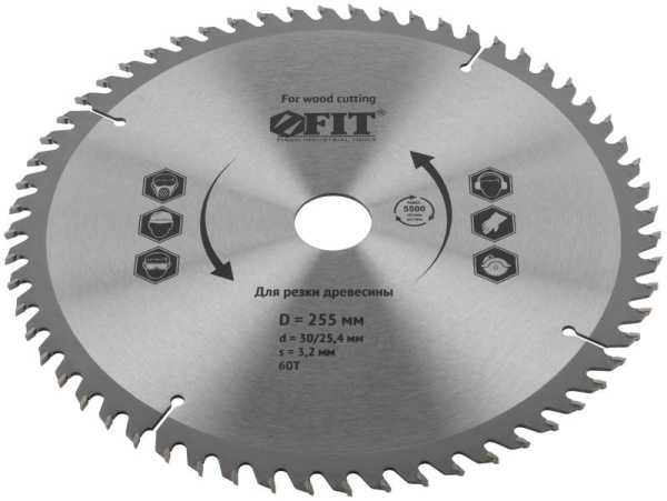 Диск пильный для циркулярных пил по дереву 255х30/25.4х60T FIT 37760