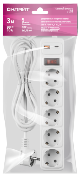 Фильтр сетевой 5х3м 10А IP20 90 882 OSP-USB-05-300-ESC-3х0.75-WH бел. ОНЛАЙТ 90882