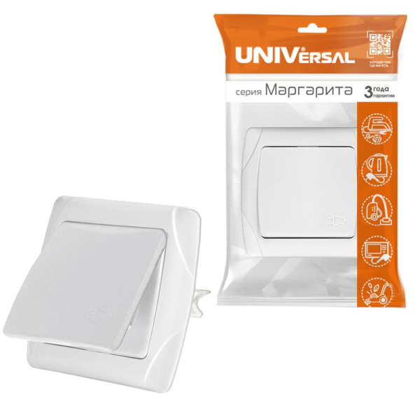 Розетка 1-м СП Маргарита 16А IP20 с заземл. с крышкой бел. UNIVersal М0029