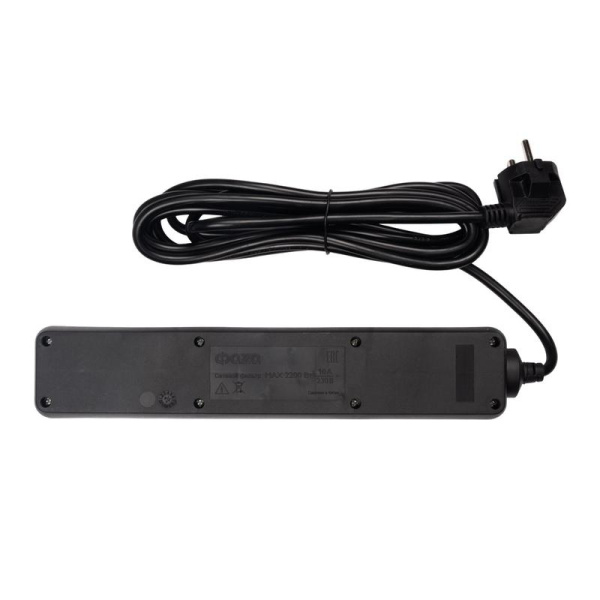 Удлинитель с сетевым фильтром 5х3м с заземл. 10А IP20 FOP-05GS-300 2.2кВт ПВС 3х0.75 с выкл. черн. ФАZА 5007642