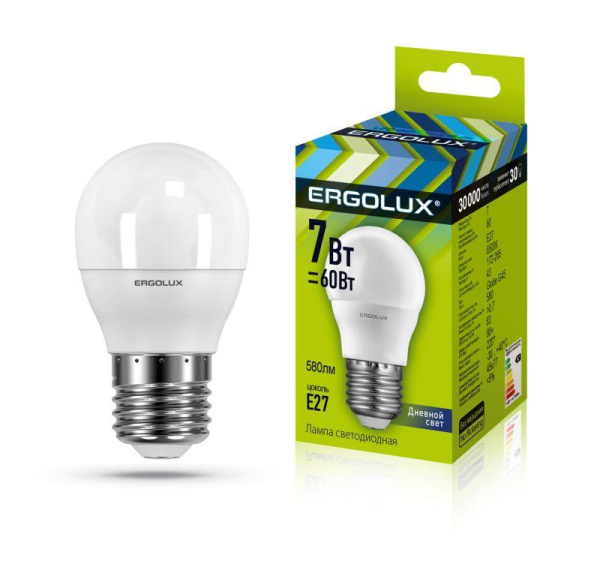 Лампа светодиодная LED-G45-7W-E27-6500K 7Вт шар матовая 6500К холод. бел. Е27 220-240В Ergolux 12877