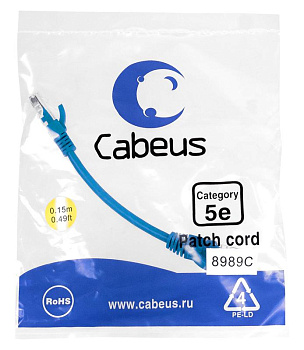 Патч-корд U/UTP кат.5E PC-UTP-RJ45-Cat.5e-0.15m-BL 2xRJ45/8p8c неэкранир. PVC 0.15м син. Cabeus 8989c