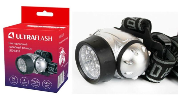 Фонарь налобный LED 5353 19LED 4 режима 3хR03 металлик Ultraflash 10262