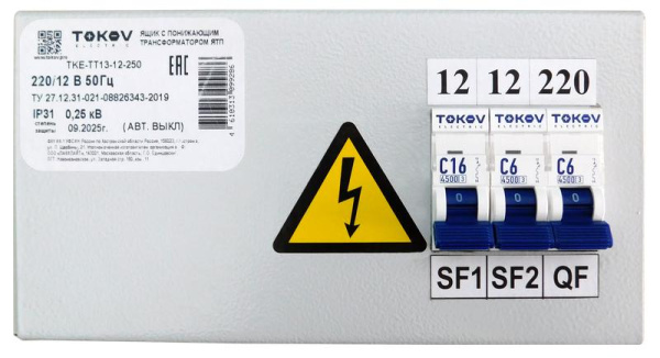 Ящик с понижающим трансформатором ЯТП 0.25 230/12 (3 авт. выкл.) IP31 TOKOV ELECTRIC TKE-TT13-12-250
