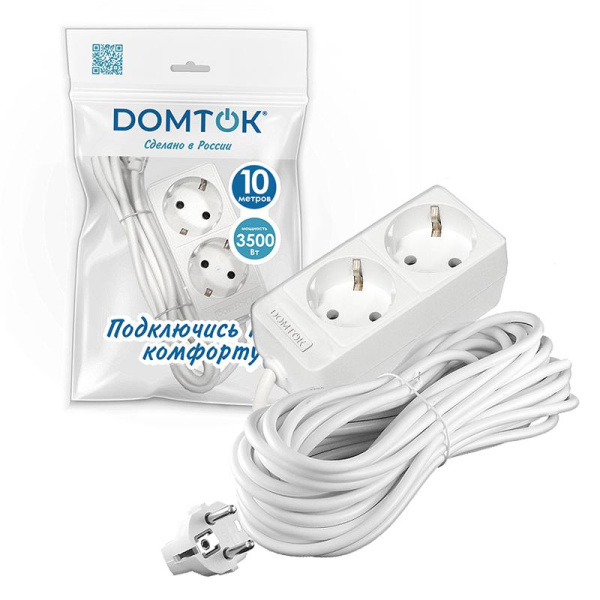 Удлинитель 2х10м с заземл. 16А IP20 3.5кВт ПВС 3х1 бел. DOMTOK 2385