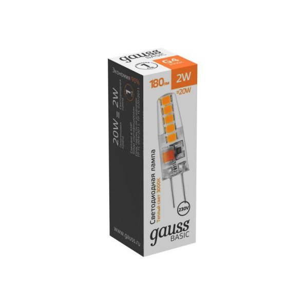 Лампа светодиодная Basic G4 2Вт 3000К 180лм AC220-240В силикон GAUSS 1169712
