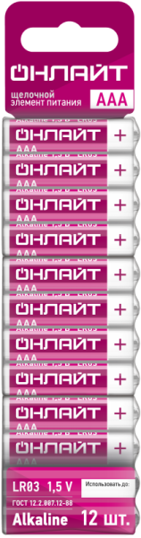 Элемент питания алкалиновый 90 624 OBT-ALK-LR03-BP12 (блист.12шт) ОНЛАЙТ 90624