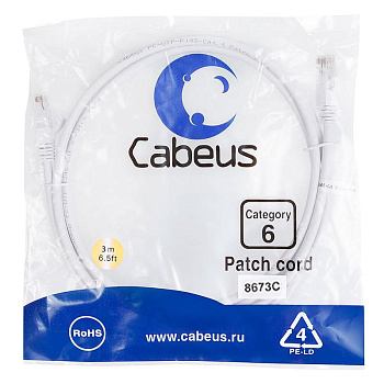 Патч-корд U/UTP кат.6 PC-UTP-RJ45-Cat.6-3m-WH 2xRJ45/8p8c неэкранир. PVC 3м бел. Cabeus 8673c