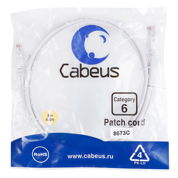 Патч-корд U/UTP кат.6 PC-UTP-RJ45-Cat.6-3m-WH 2xRJ45/8p8c неэкранир. PVC 3м бел. Cabeus 8673c