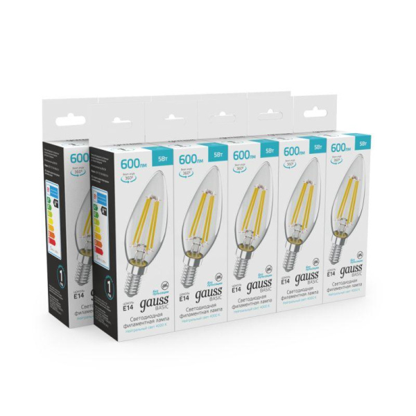 Лампа светодиодная филаментная Basic Filament 5Вт Свеча 4000К E14 600лм GAUSS 50312252