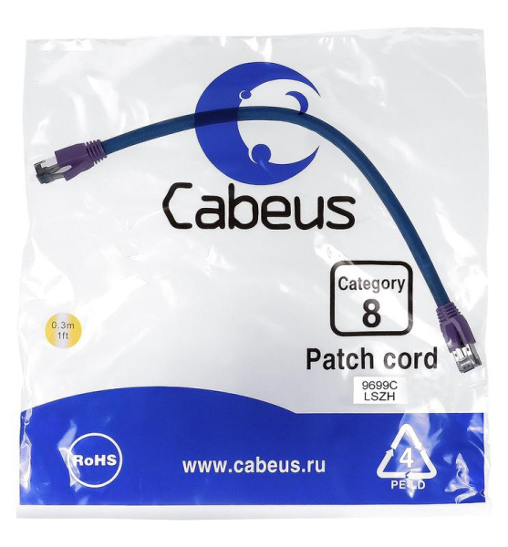 Патч-корд S/FTP кат.8 PC-SSTP-RJ45-Cat.8-0.3m-LSZH 2xRJ45/8p8c экранир. LSZH (40G 2000 MHz) 0.3м син. Cabeus 9699c