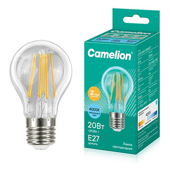 Лампа светодиодная филаментная LED20-A60-FL/845/E27 20Вт грушевидная прозрачная 4500К бел. E27 220В Camelion 13719