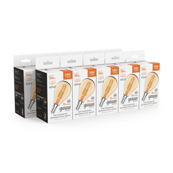 Лампа светодиодная филаментная Basic Filament 3.8Вт Шар 2400К Е14 350лм golden GAUSS 1057154