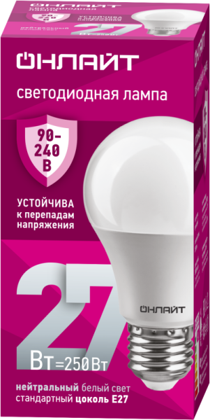 Лампа светодиодная 90 407 OLL-A60-27-230-4K-E27 27Вт грушевидная 4000К E27 90-240В PRO ОНЛАЙТ 90407