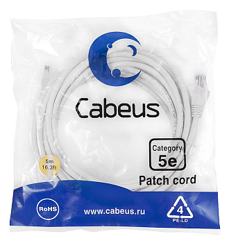 Патч-корд U/UTP кат.5E PC-UTP-RJ45-Cat.5e-5m-WH-LSZH 2хRJ45/8p8c неэкранир. LSZH 5м бел. Cabeus 9493c