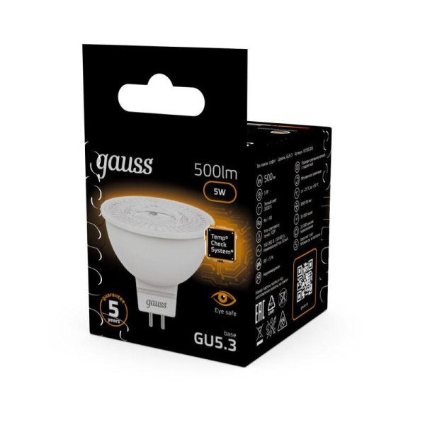 Лампа светодиодная Black 5Вт MR16 софит 3000К тепл. бел. GU5.3 500лм GAUSS 101505105