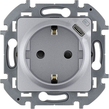 Розетка 1-м СП Inspiria 16А IP20 250В 2P+E немецк. стандарт с заряд. устр. USB тип C 1.5А 5В механизм алюм. IEK 673772