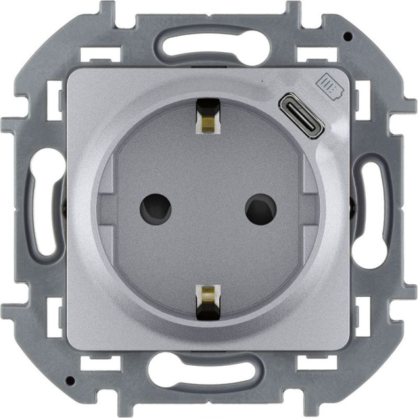 Розетка 1-м СП Inspiria 16А IP20 250В 2P+E немецк. стандарт с заряд. устр. USB тип C 1.5А 5В механизм алюм. IEK 673772