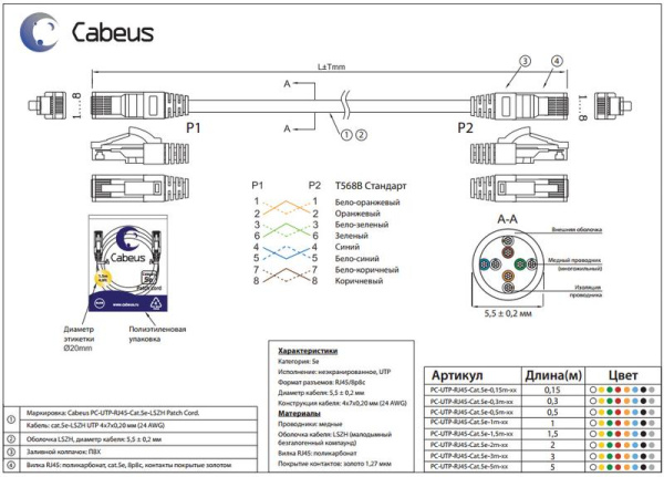 Патч-корд U/UTP кат.5E PC-UTP-RJ45-Cat.5e-0.3m-WH-LSZH 2хRJ45/8p8c неэкранир. LSZH 0.3м бел. Cabeus 9487c