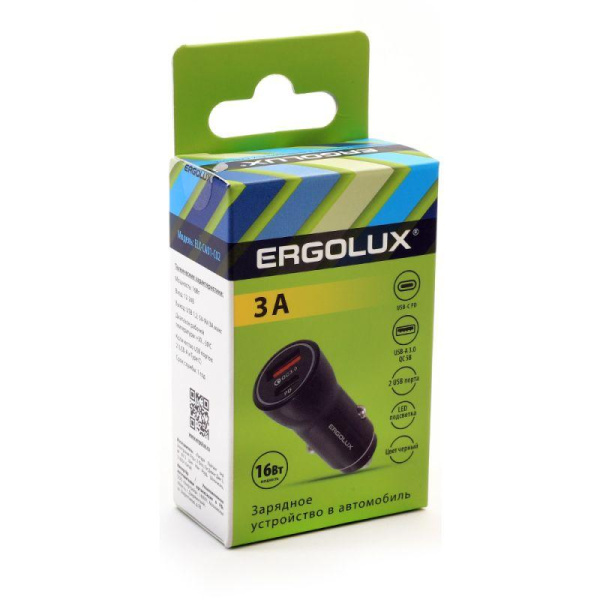 Адаптер автомобильный ELX-CA01-C02 1USB + 1Type C 12В 5В/3А LED коробка черн. ERGOLUX 15106