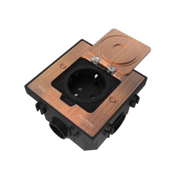Лючок MultiDesk MDK21 с розеткой 2P+E 16А 250В IP44 с монтажной коробкой для бетонных полов медь SE MDK21202CC