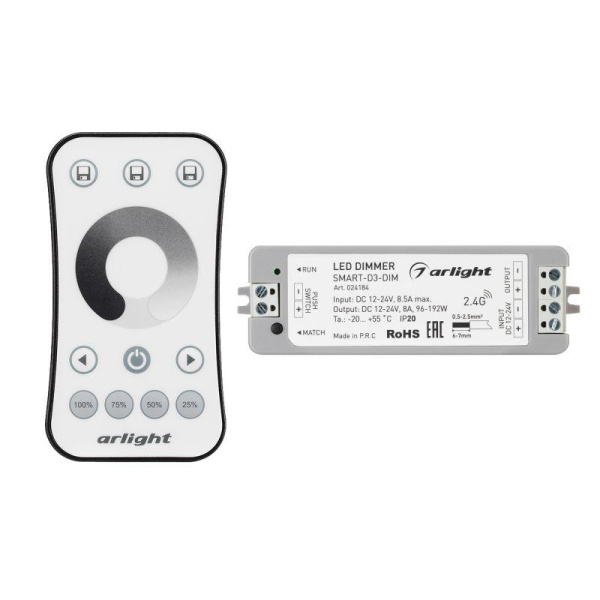 Диммер Smart-DIM-SET-RING 12-24В 1х8А ПДУ 2.4G IP20 пластик Arlight 034786