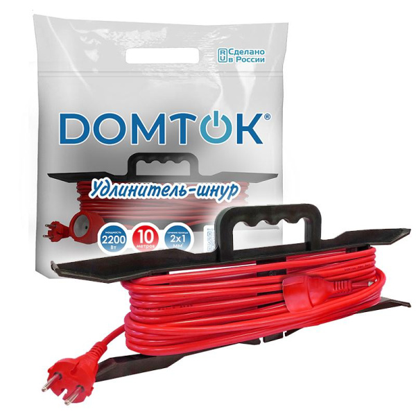 Удлинитель-шнур на рамке 1х10м без заземл. 10А IP20 2.2кВт ПВС 2х1 DOMTOK 2473