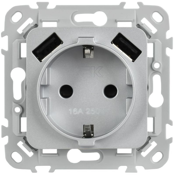 Розетка 1-м СП FLITE РСЮша11-1-ФлА 16А с USB A+A 3.1А с заземл. с защ. шторками безвинтовое крепление механизм алюм. IEK FI-R14-16-1-U21-D31-K47