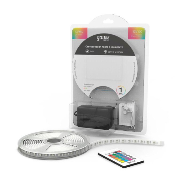 Лента светодиодная Basic 5050/60-SMD 12Вт RGB IP65 780лм/м 12В 10мм драйвер (уп.5м) GAUSS BT072