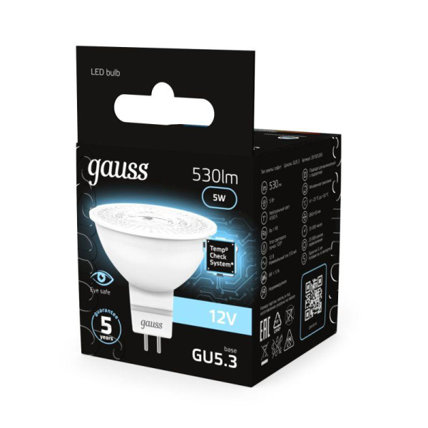 Лампа светодиодная Black 5Вт MR16 софит 4100К нейтр. бел. GU5.3 530лм DC 12В GAUSS 201505205