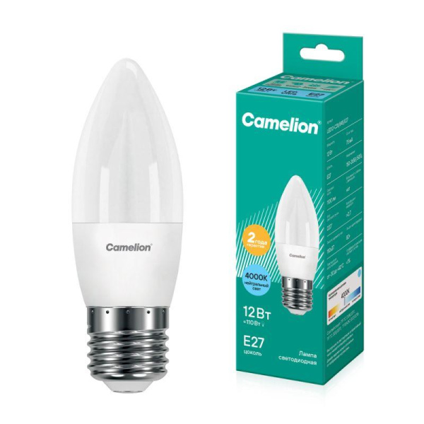 Лампа светодиодная LED12-C35/845/E27 12Вт свеча матовая 4500К бел. E27 220В Camelion 13690