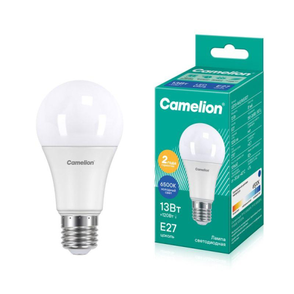 Лампа светодиодная LED13-A60/865/E27 13Вт грушевидная матовая 6500К холод. бел. E27 220В Camelion 12652